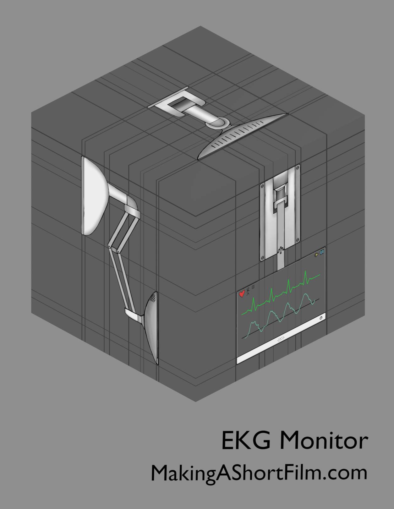The concept art design for the EKG monitor presented in 3D with relationship lines