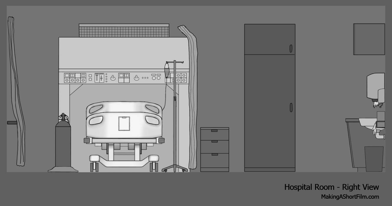 The concept art of the right wall of the hospital room