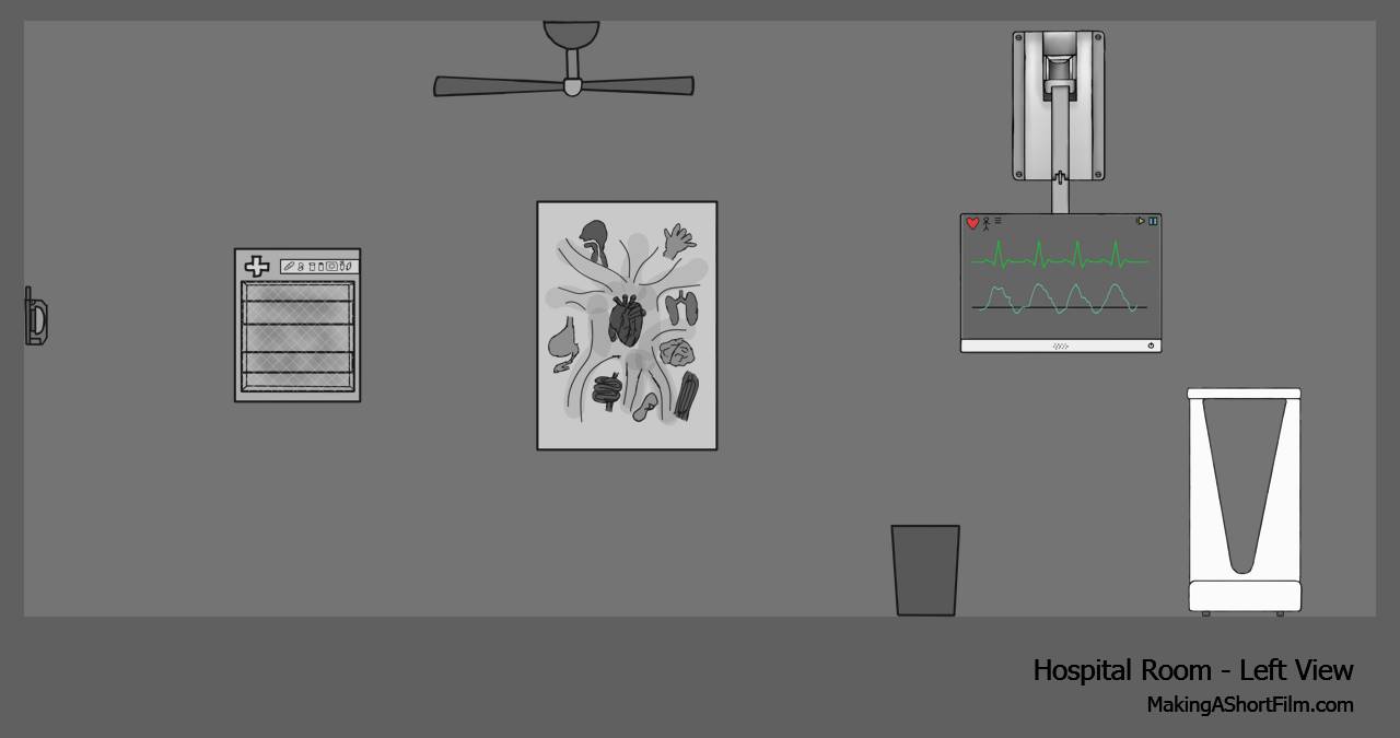 The concept art of the left wall of the hospital room