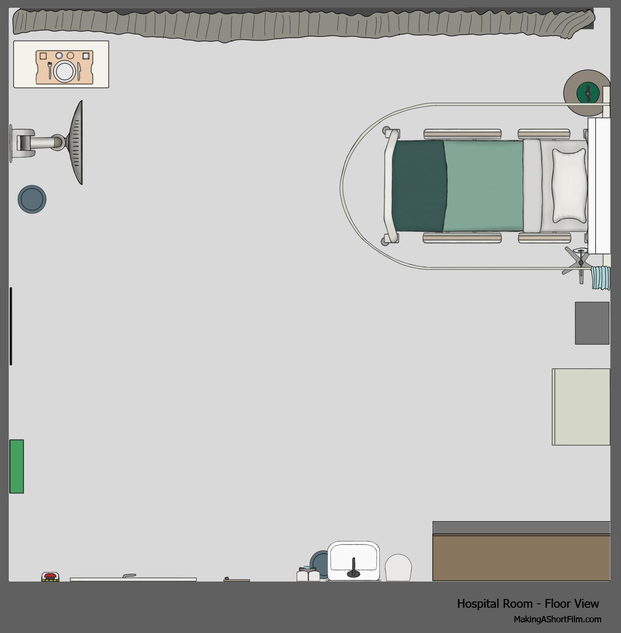The finished concept art of the floor of the hospital room