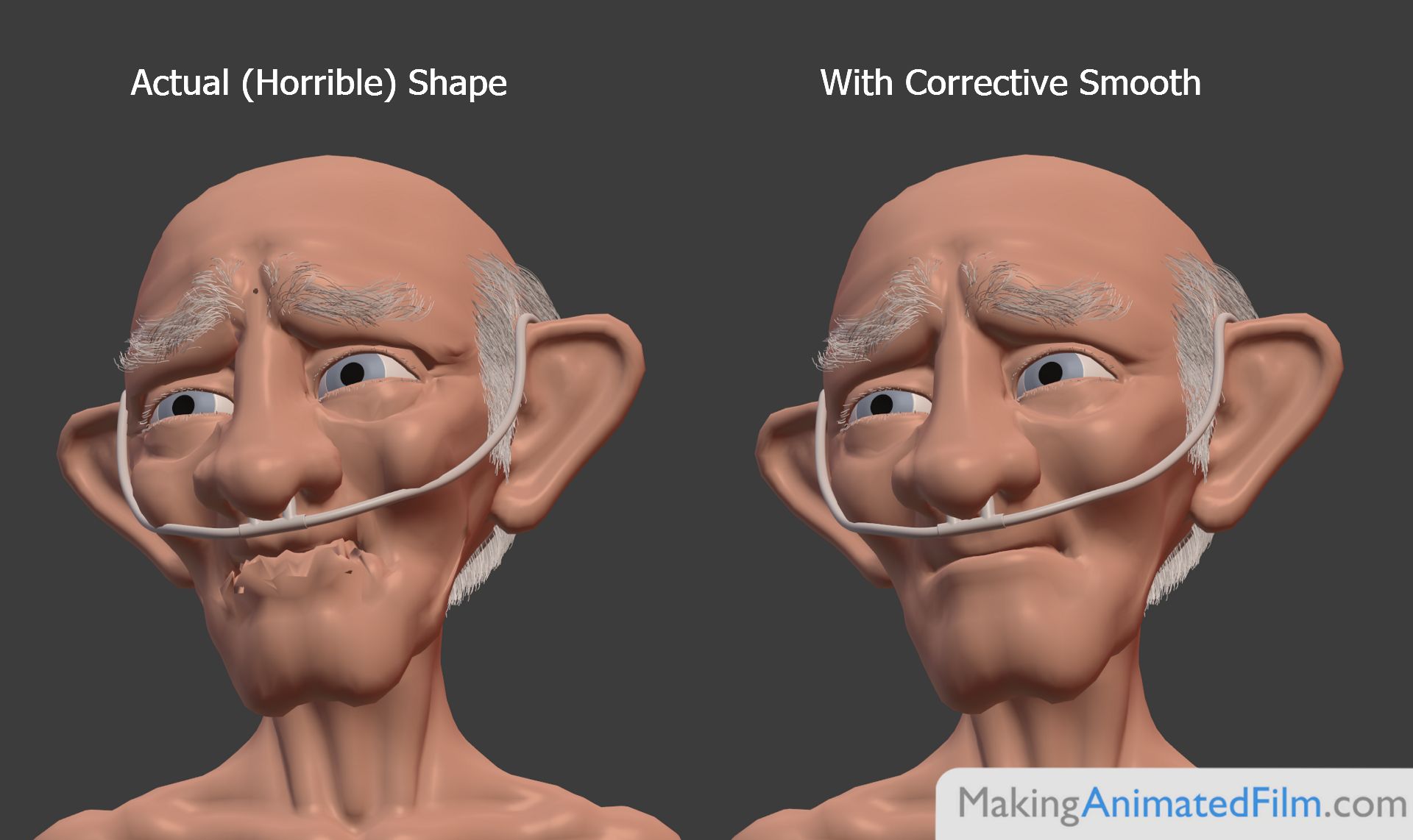 A comparison between the actual deformation of the face with the corrected version using the corrective smooth modifier
