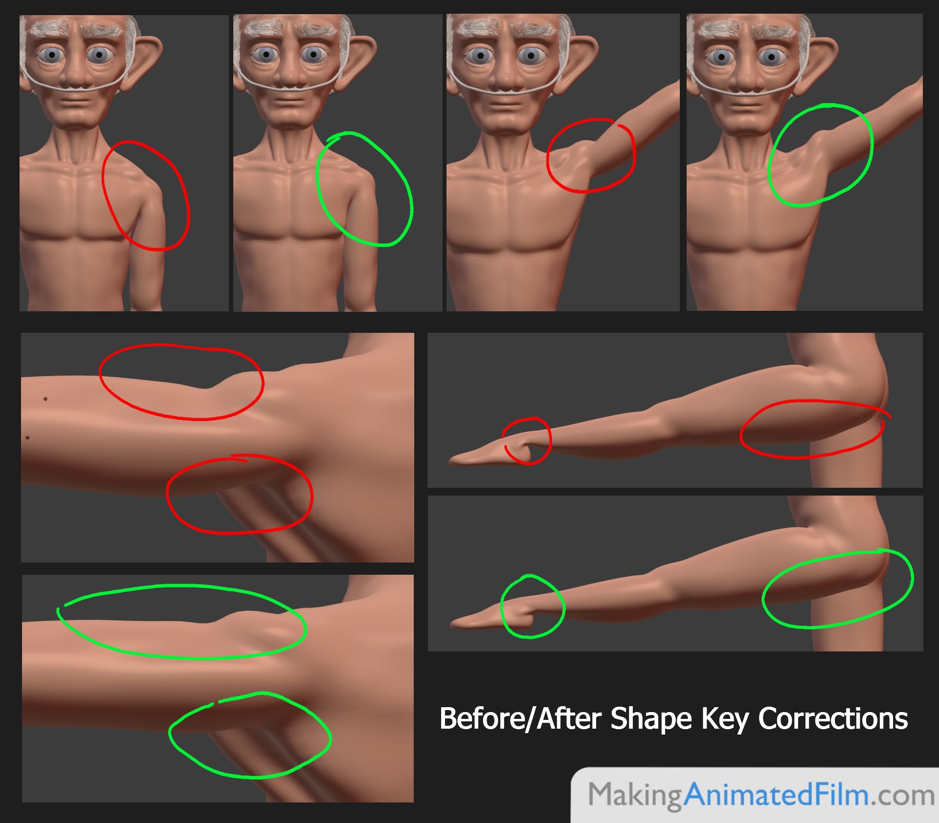  Raw mesh deformation versus with shape key fixes applied